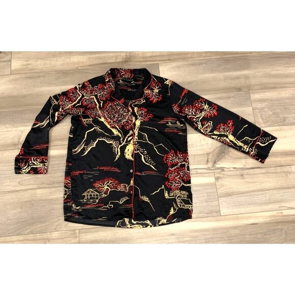 Natori Black Satin Cherry Blossom Floral Long Sleeve Button Up Shirt - Picture 6 of 13